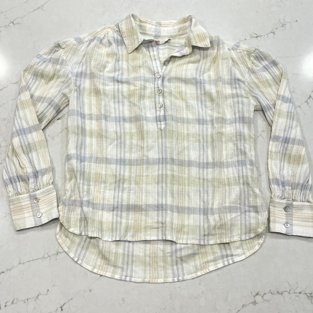 Faherty Gauzy Plaid 1/4 Button Down Shirt Womens M Coastal Organic Cotton Blend